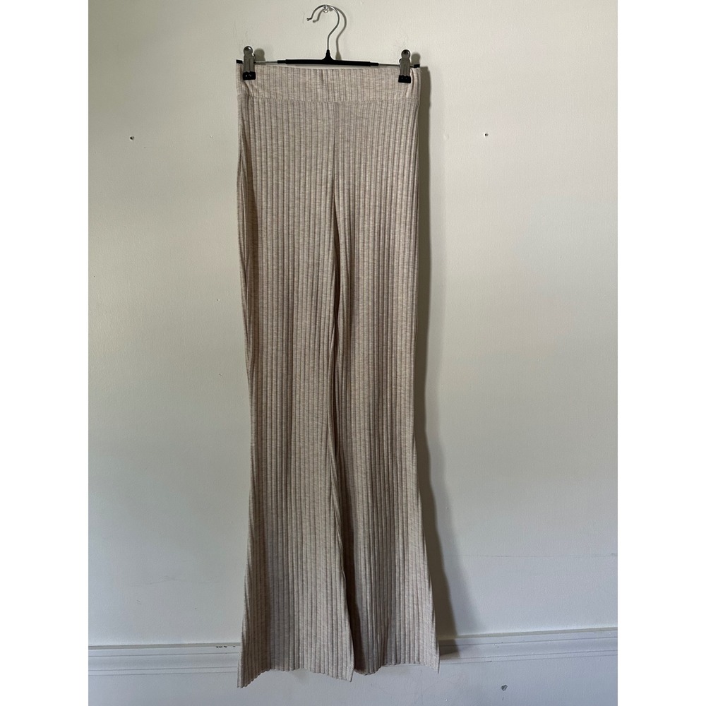H&M Ribbed Knit Wide Leg Pants Oatmeal Beige High Waisted XS‎ Stretchy Legging
